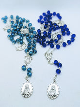Load image into Gallery viewer, 2 7 sorrows chaplets, one teal, one royal blue, lay on a white backgrounf. 