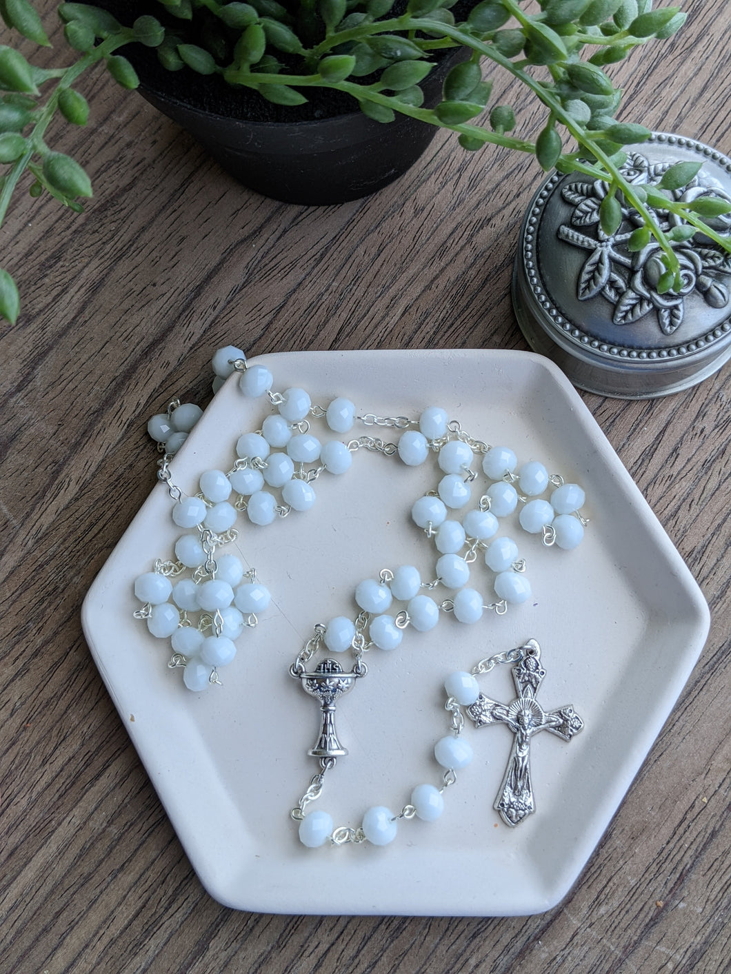 First Communion Rosary - White Glass Beads