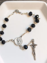 Load image into Gallery viewer, A close up of the black glass bead car rosary with st Christopher centerpiece and JPII style crucifix on a white background